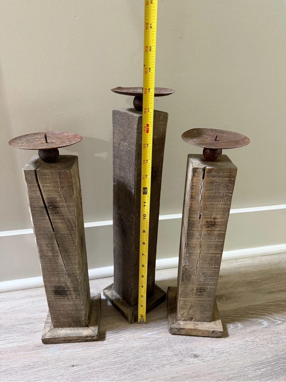 Rustic Wood Pillar Candle Holders - Set of 3